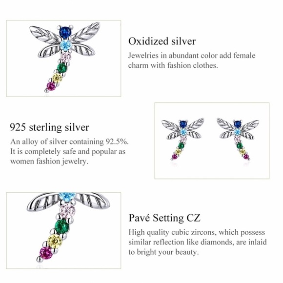 925 Sterling Silver Colorful Multiple Zircon Dragonfly Stud Earrings. - Picture 8 of 8